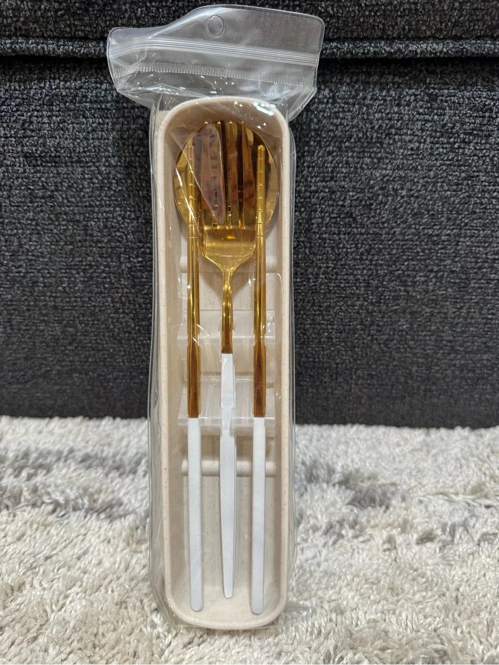 Gold and White Stainless Steel Travel Cutlery (Fork, Spoon, Chopsticks) in Case